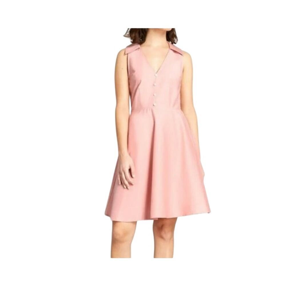 ModCloth Pink Fit and Flare Collared Dress Sleeveless Size 12 Medium Pockets 50s